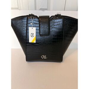 Christian Lacroix Black Croc-Embossed Shoulder Bag